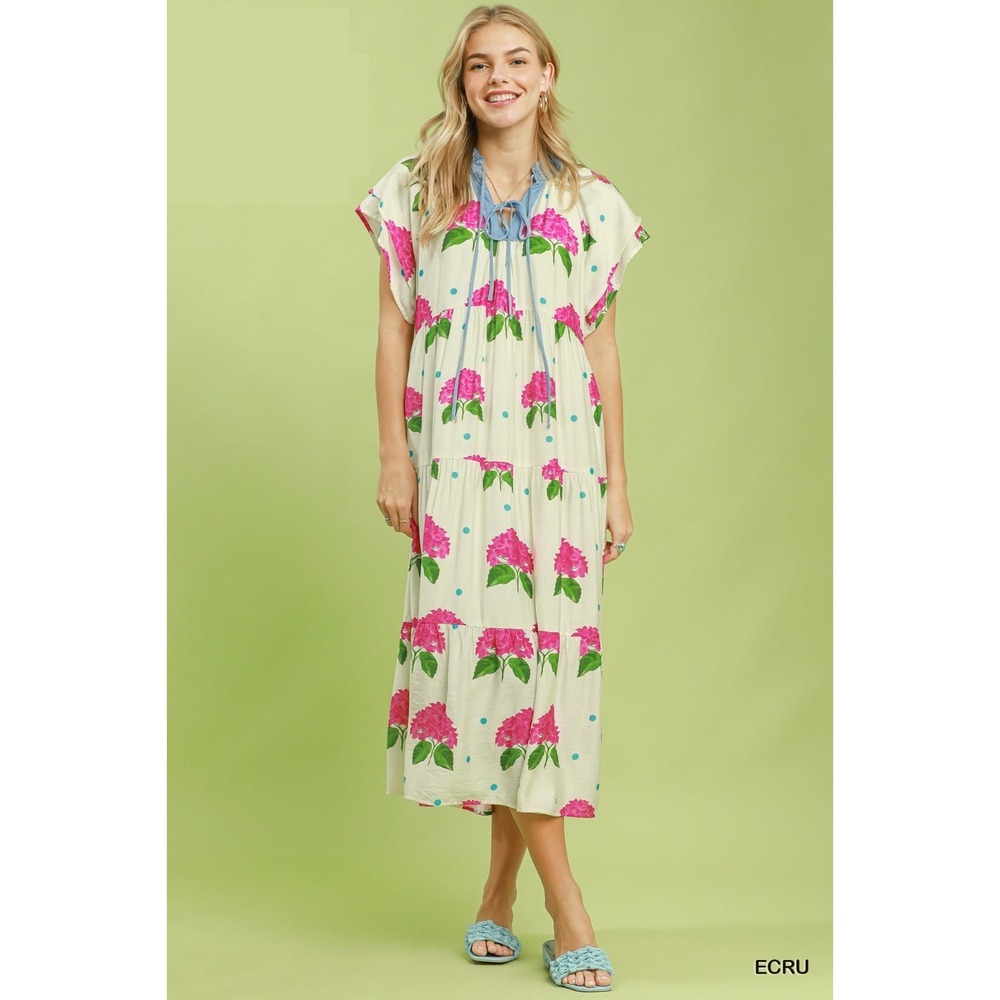 Umgee Hydrangea Print Tiered Midi Dress - Ecru - Medium - Picture 2 of 5
